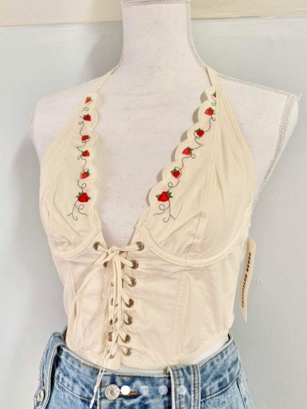 NWT Cream Embroidered UO Strawberry Lace-Up Corset Halter Top 🍓
